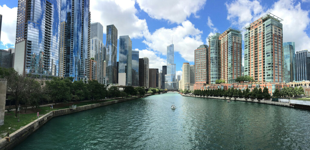 Downtown Chicago skyline view from Chicago River showing the city's strategic location as a major U.S. transportation and logistics hub for fulfillment and distribution operations